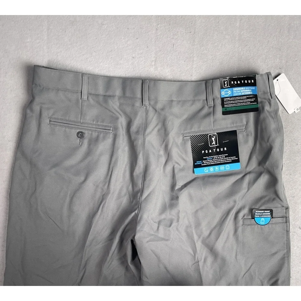 New PGA Tour Golf Chino Shorts Stretch Gray Expendable Waist Men 40W‎ Flat Front